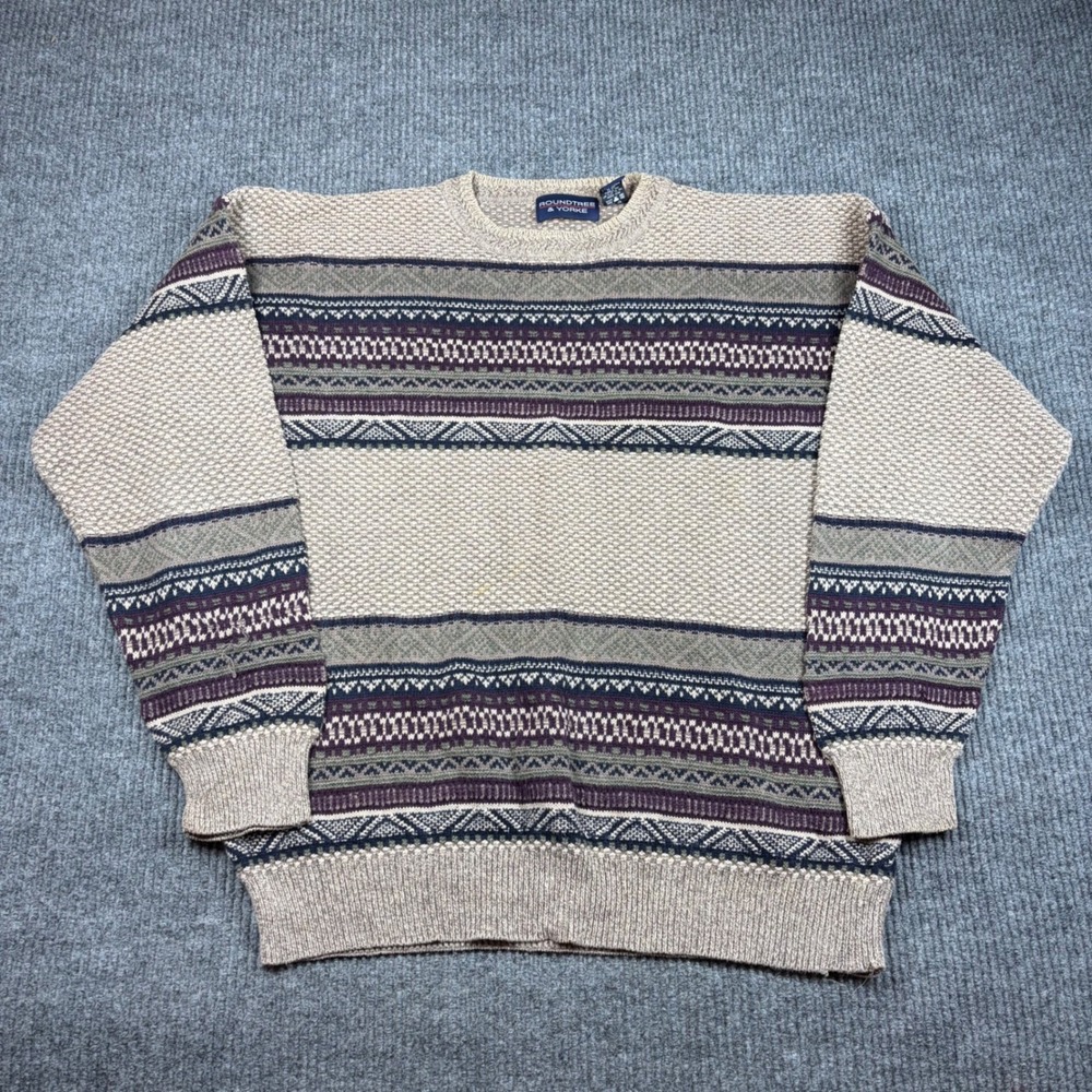 Roundtree & Yorke Sweater Men's XXL Ramie Cotton Knit Fair Isle Beige Green‎
